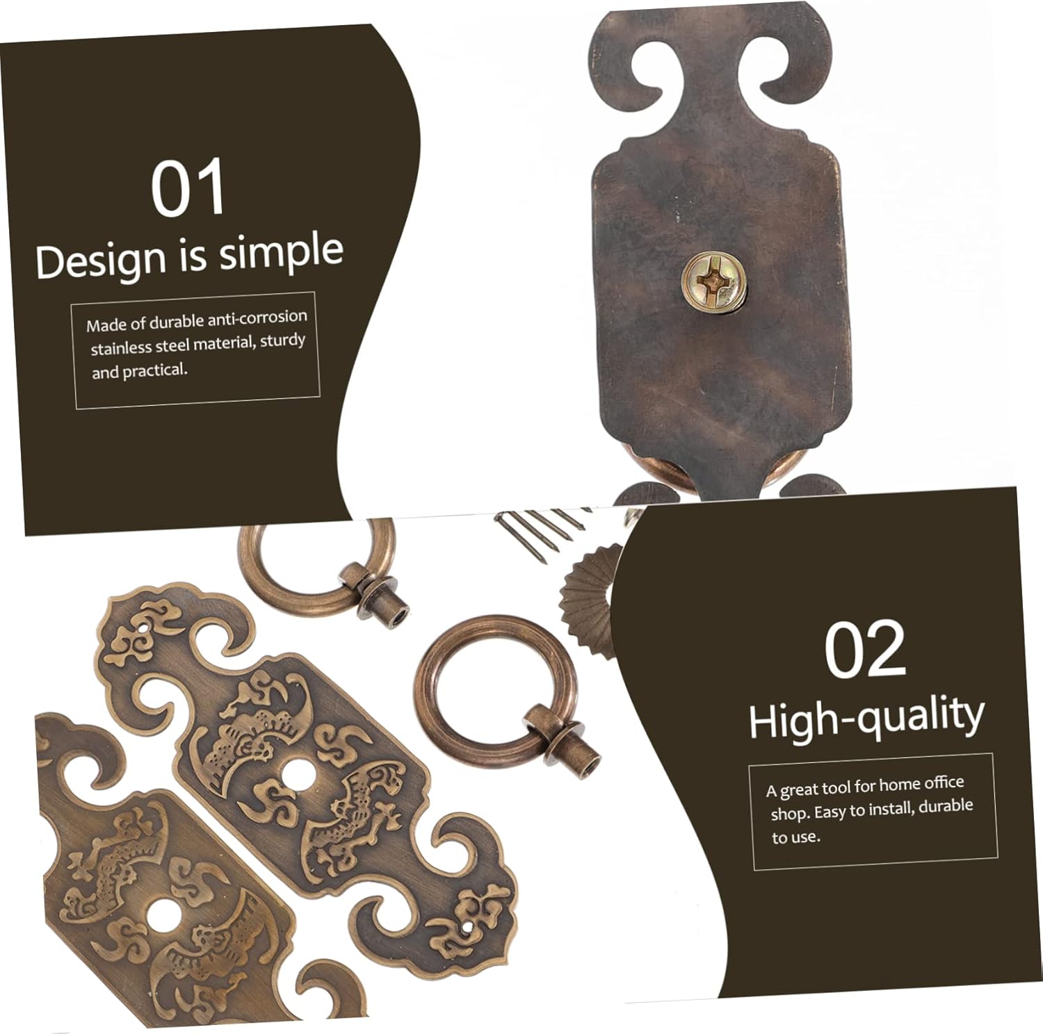 OSALADI Copper Door Pin Handle 2Pcs Brass Cabinet Pulls Vintage Style Chinese Drawer Pulls for Furniture Door Cupboard Wardrobe Dresser Hardware