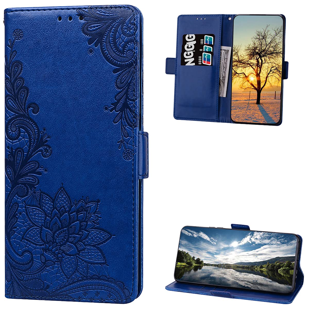 Dinglijia Designed for Samsung Galaxy A03S Case, Wrist Strap Flip Kickstand PU Leather Wallet Case Cash Card Slots Holder. Protective Shockproof Lace Pattern Women Cover for A03S LS Dark Blue