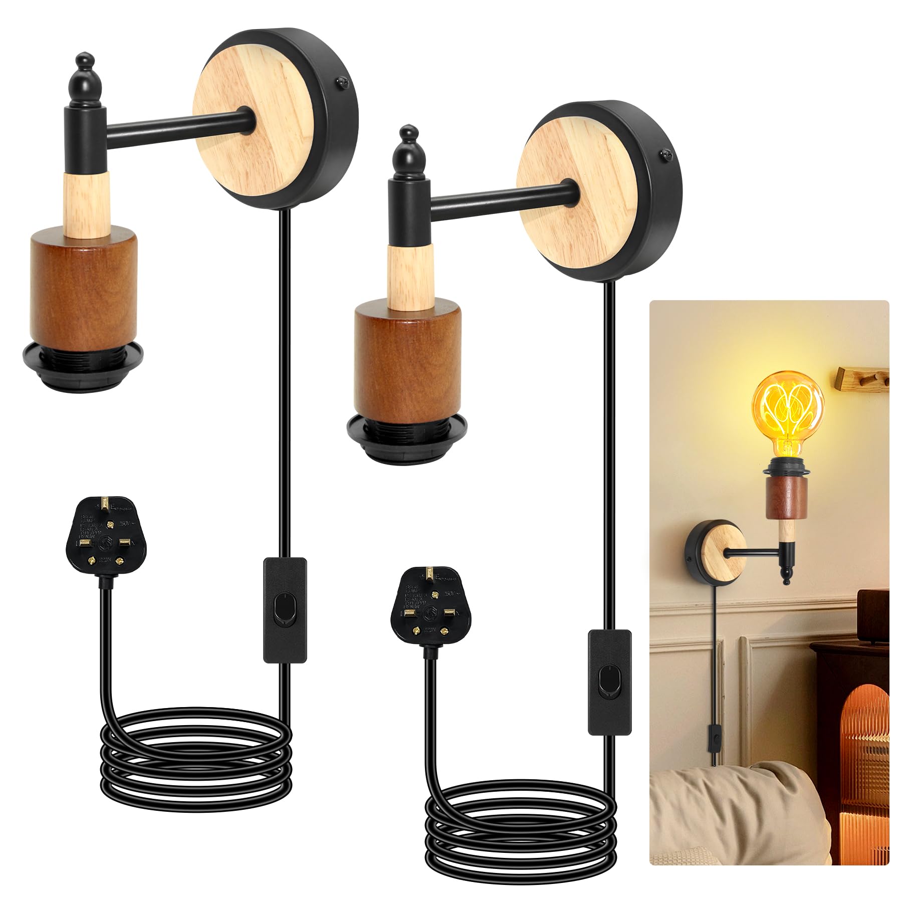 ZRLXFM 2PCS Plug in Wall Lights for Bedroom, 360° Rotatable E27 Lamp Holder with Switch, DIY Vintage Wall Sconce Fixtures for Indoor Bedside, 2.2m Cable