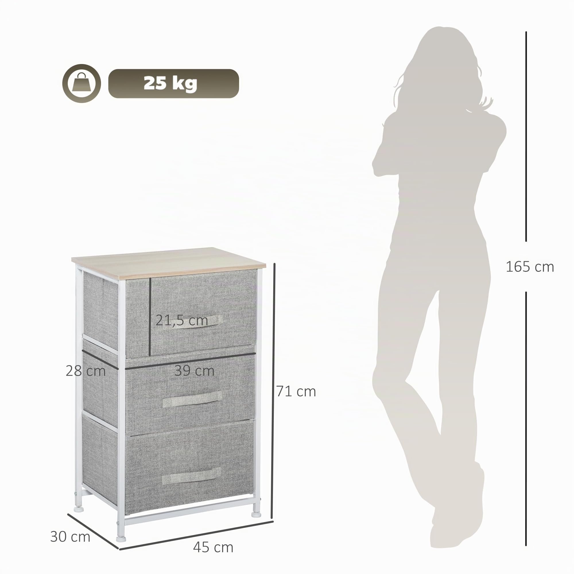 HOMCOM Cassettiera 3 cassetti telaio metallico 45x30x71cm grigio | Chiffonier, moderno contenitore, guide regolabili, cassettiera per camera da letto, soggiorno, ingresso