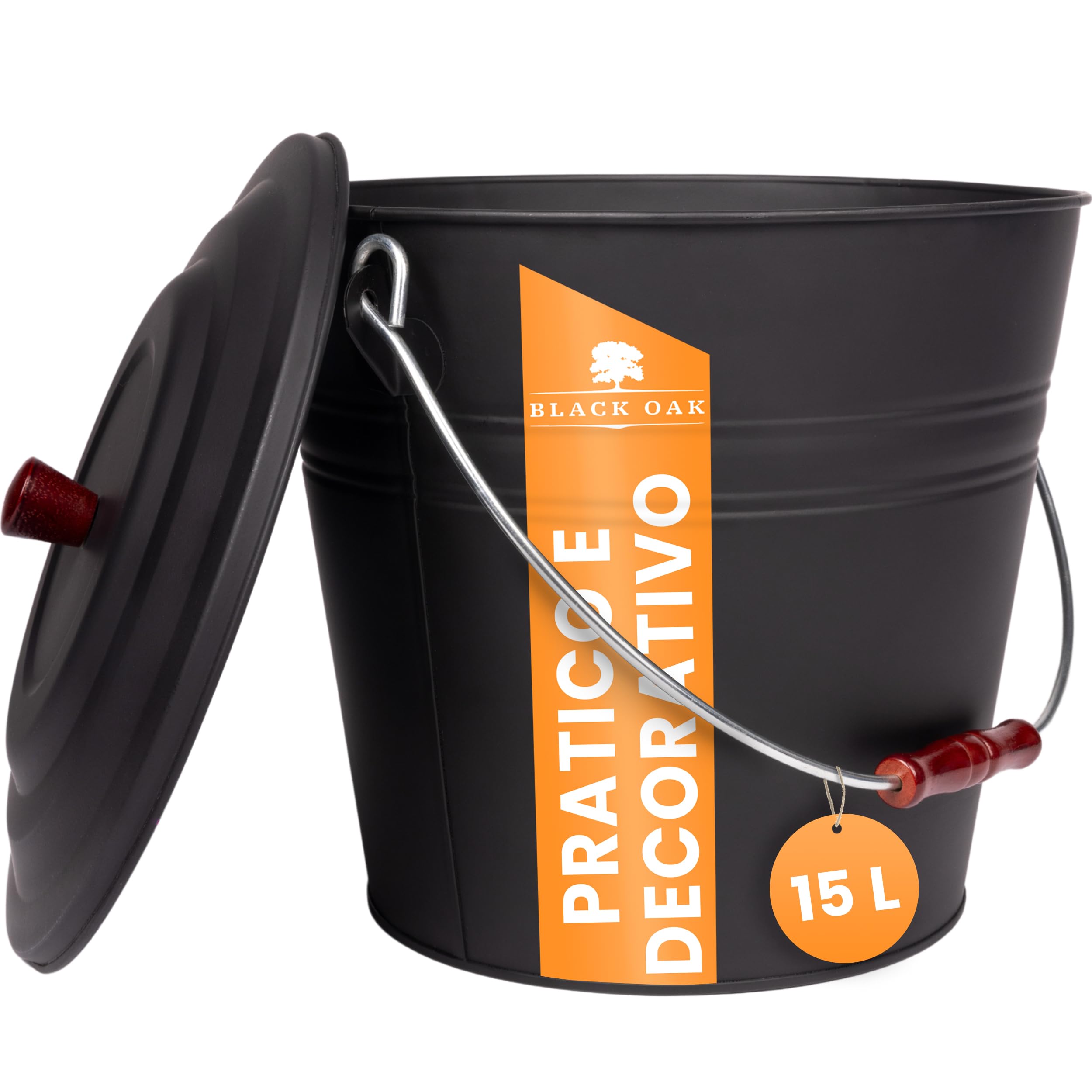 BLACK OAK KATLA - Pattumiera da 15 l, con coperchio in legno, grande, 15 litri, in acciaio zincato a prova di fuoco, verniciato a polvere, per cenere e carbone, accessorio ideale per camino, stufa a