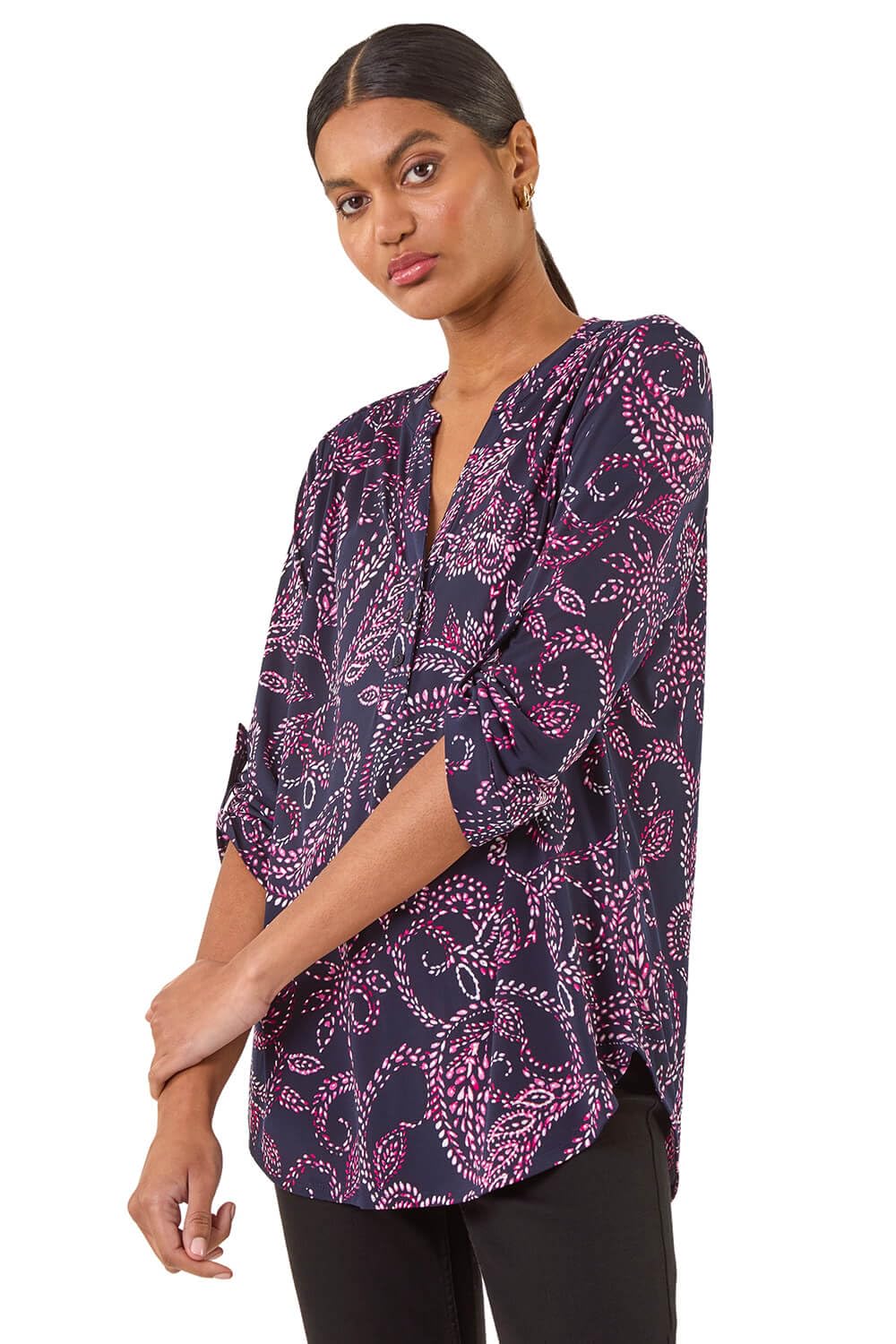Roman Shirt for Women UK Ladies Top Collarless Blouse Stretchy Tunic Smart Casual Autumn Winter Jersey 3/4 Length Sleeve Notch V Neck Flattering Office Work - Navy Leaf - Size 14