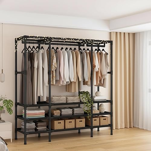 Miniatura 4 de Armario portátil, perchero resistente con cubierta, armario con 1 varillas para colgar, 2 estantes de almacenamiento y 2 cajones, 27.5 pulgadas de