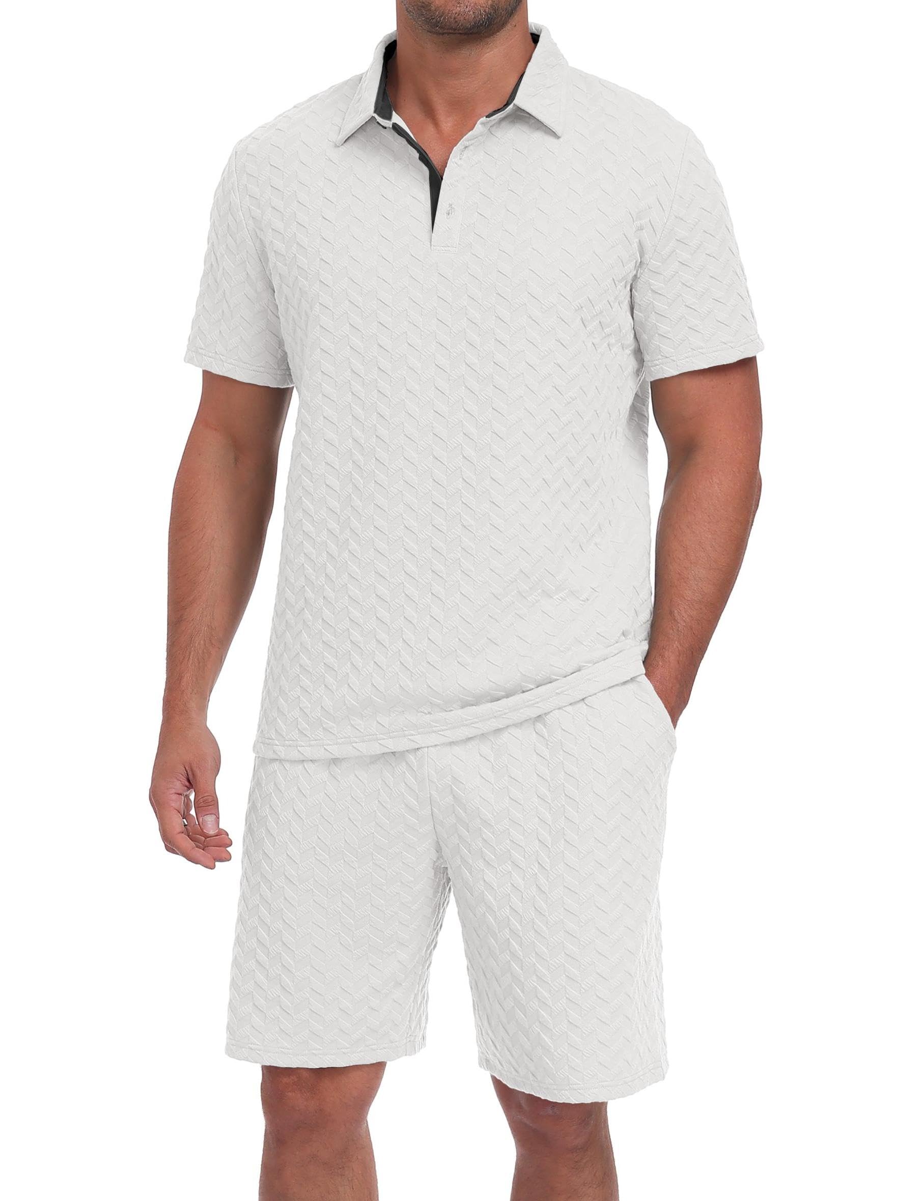 QIXING Herren Sommer Set 2 Teiler Polohemd und Shorts Set Herren Kurzarm Polo Shirt mit Strukturmuster Leichtes Freizeit Outfit für Urlaub Strand Reisen und Alltag