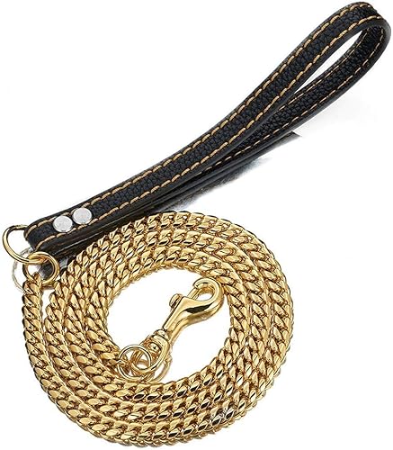 Strong Dog Chain Gold Leash Long 3FT 4FT 5FT 18K Stainless Steel 12mm Curb Cuban Link Dog Leash with Comfortable Genuine Leather Handle(Gold, 3FT)