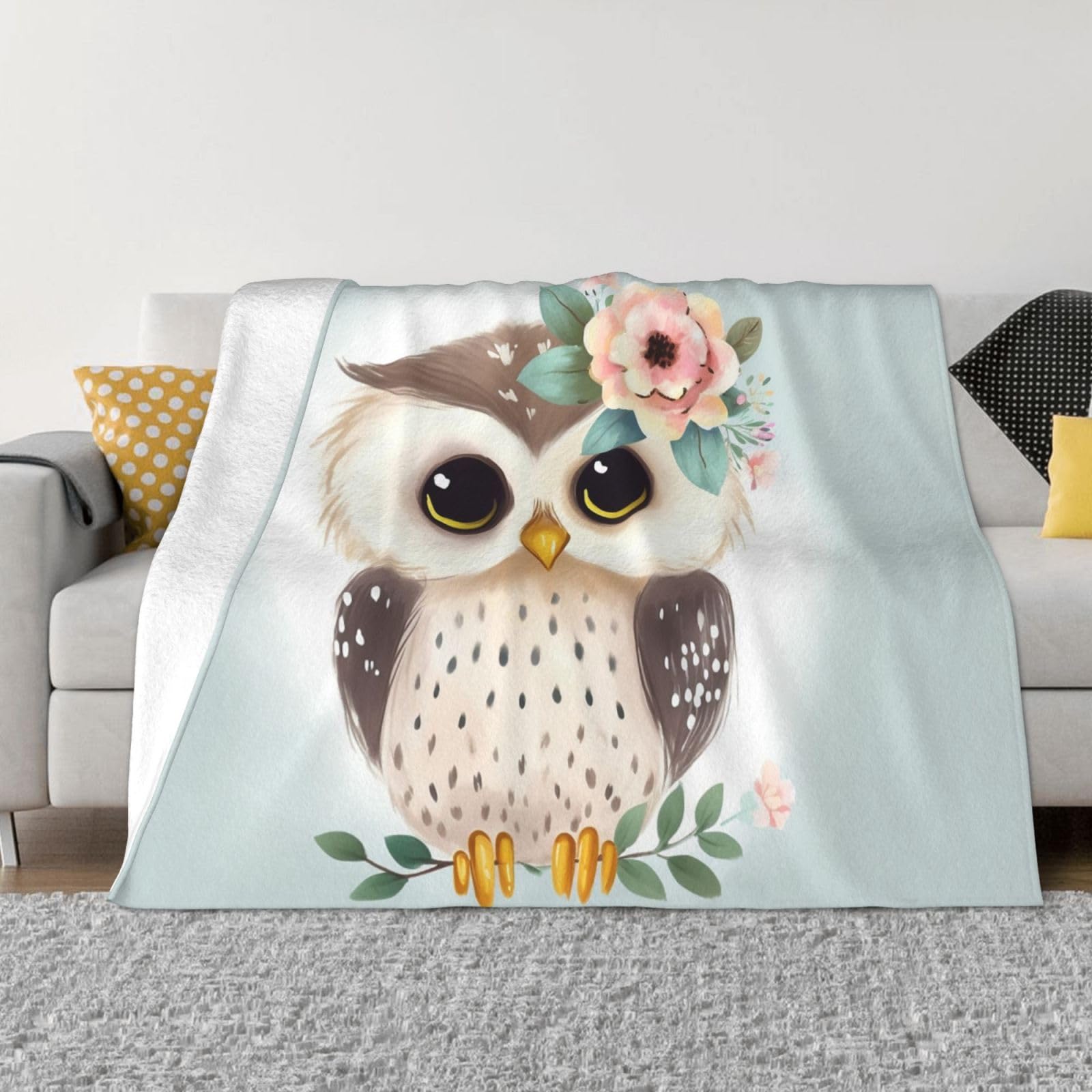 Couverture polaire hibou en flanelle chaude et légère pour canapé et voyage