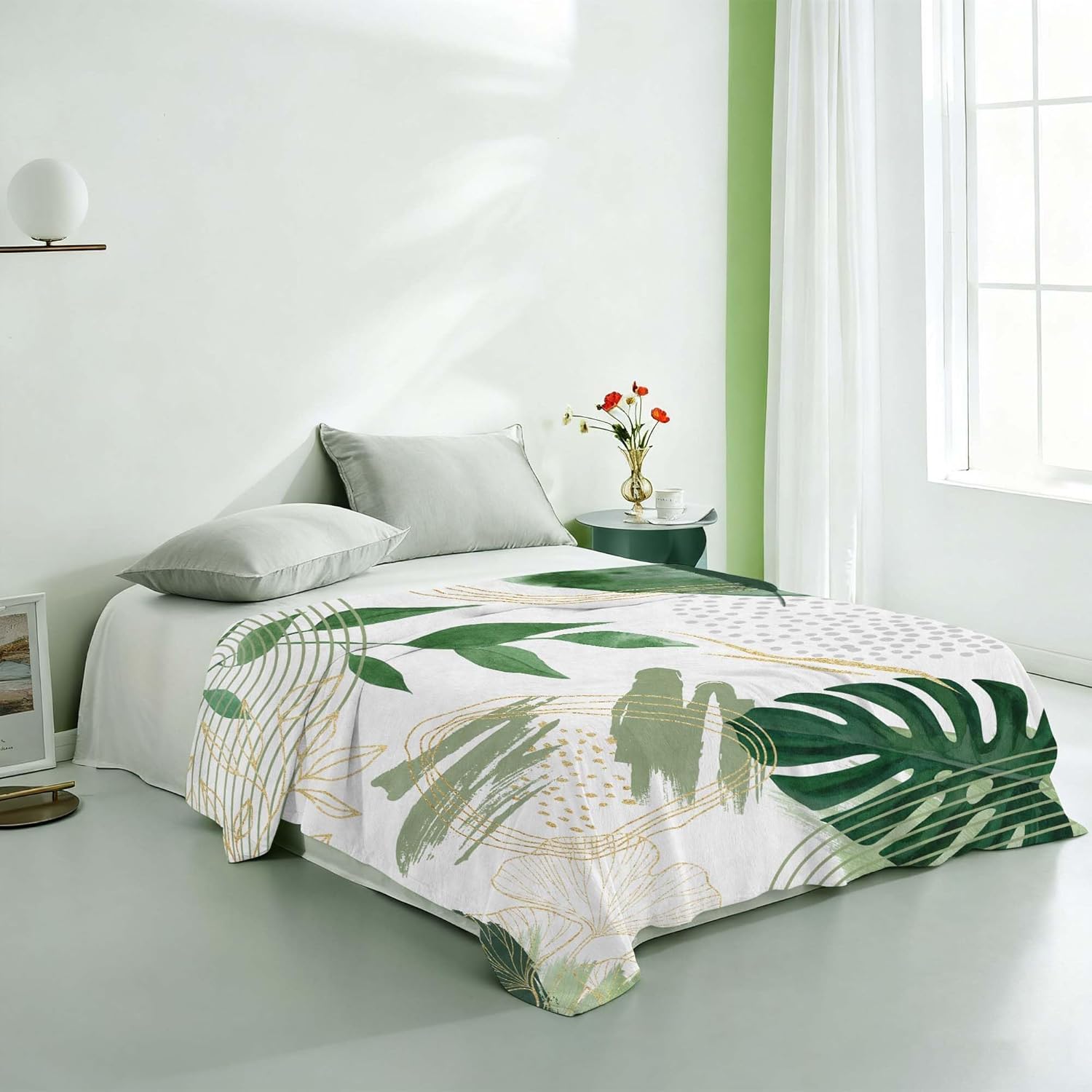 Sage Green Leaf Twin Blanket Mid-Century Green and Gold Boho Flannel Blankets for Bed Living Room Sofa, Decorative Patterned Super Soft Cozy, 60x80 in - Image 8