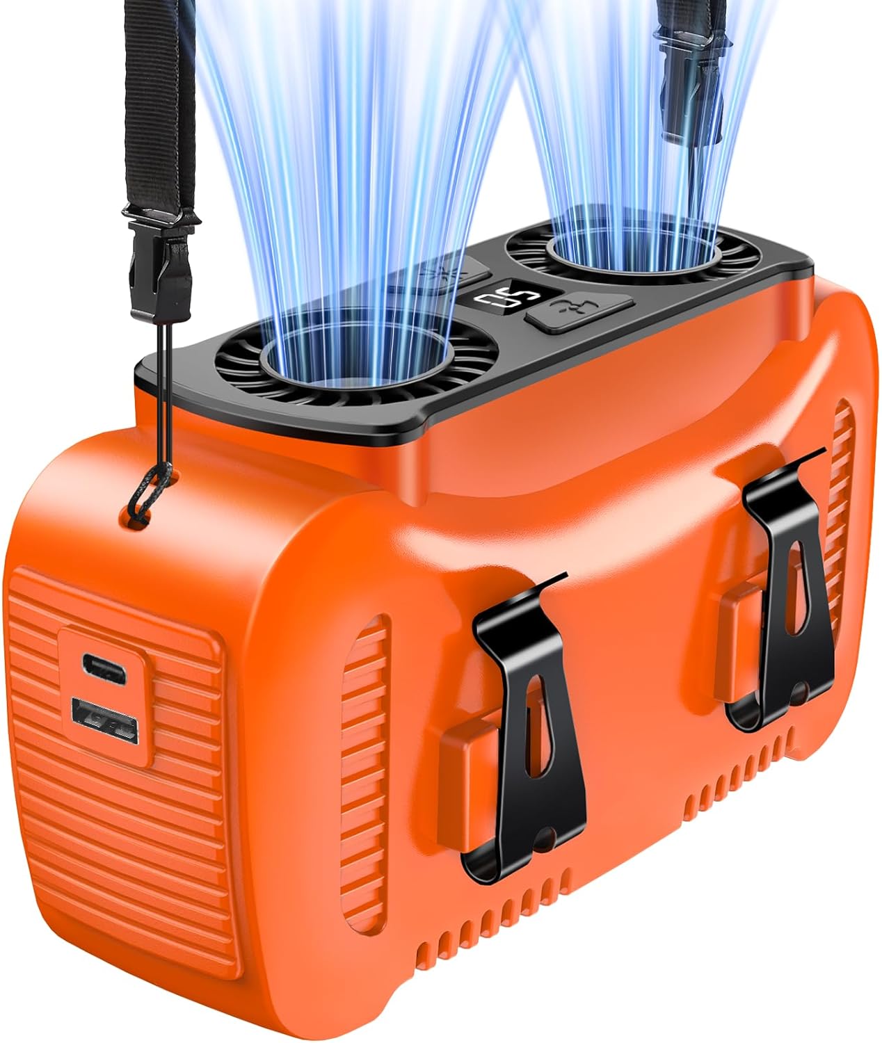 16000mAh Portable Waist Fan- Rechargeable Battery Personal Fan Clip on Wearable Belt With 5 Speeds,LED Digital Display and Flashlight Neck Fan Hands-Free 25H Cooling For Outdoor Travel Camping-Orange