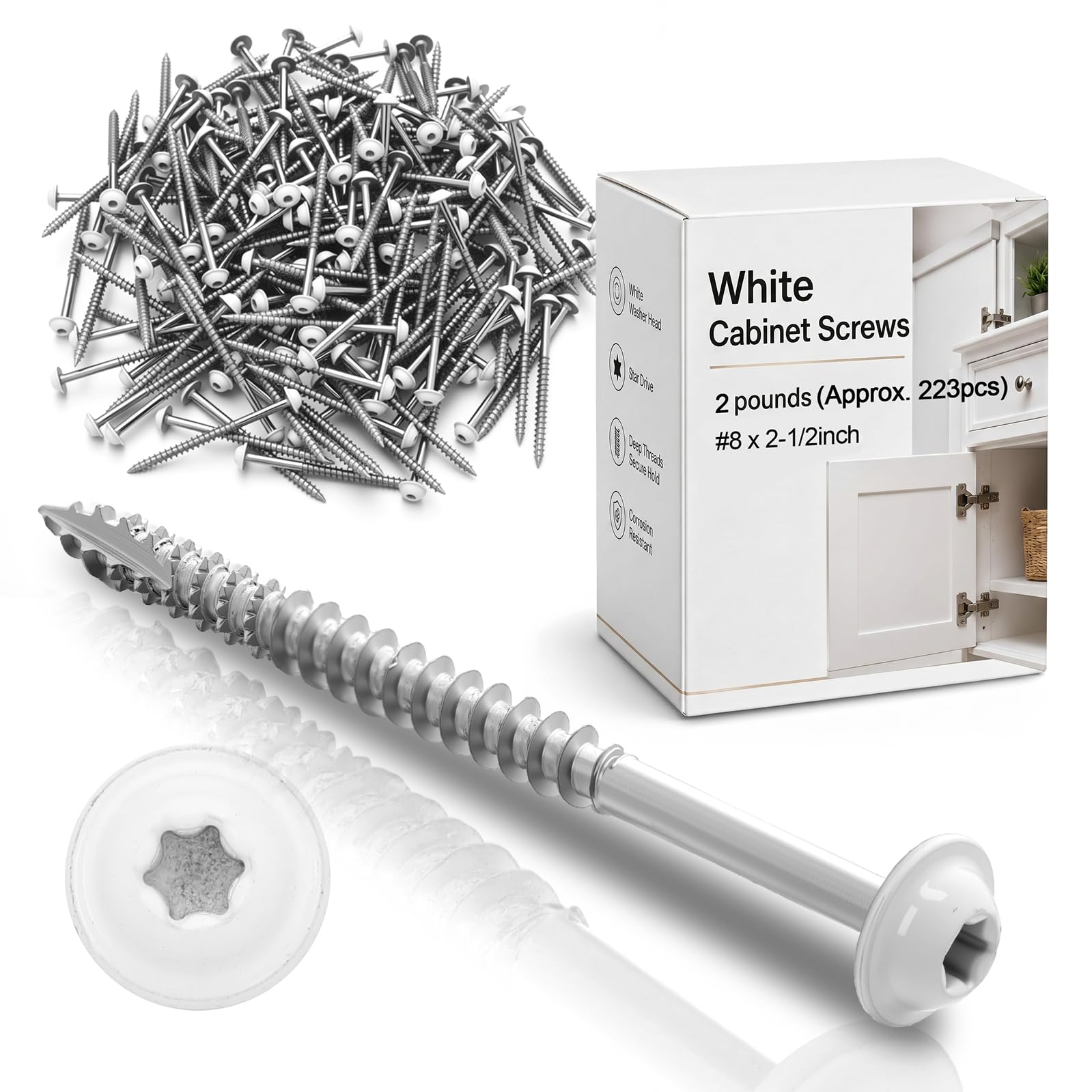 Frienda Tornillos de gabinete blancos de 2 libras a granel #8 x 2-1/2 pulgadas, tornillos de madera autorroscantes resistentes con cabeza de retraso en estrella, sujetadores de cubierta para gabinetes