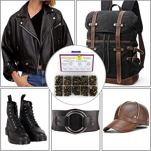 Miniatura 7 de Juego de 90 tornillos Chicago de bronce surtido, 6 tamaños de remaches de tornillo para remaches de cuero para manualidades de cuero y