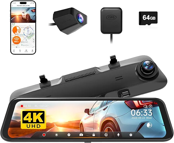 WOLFBOX 12" 4K Rear View Mirror Camera with 5.8GHz WiFi and Voice Control, Smart Mirror Dash Cam Front and Rear, Backup Camera with 1080P Rear Camera, Dash Cam with WDR, Includes 64GB Card &
