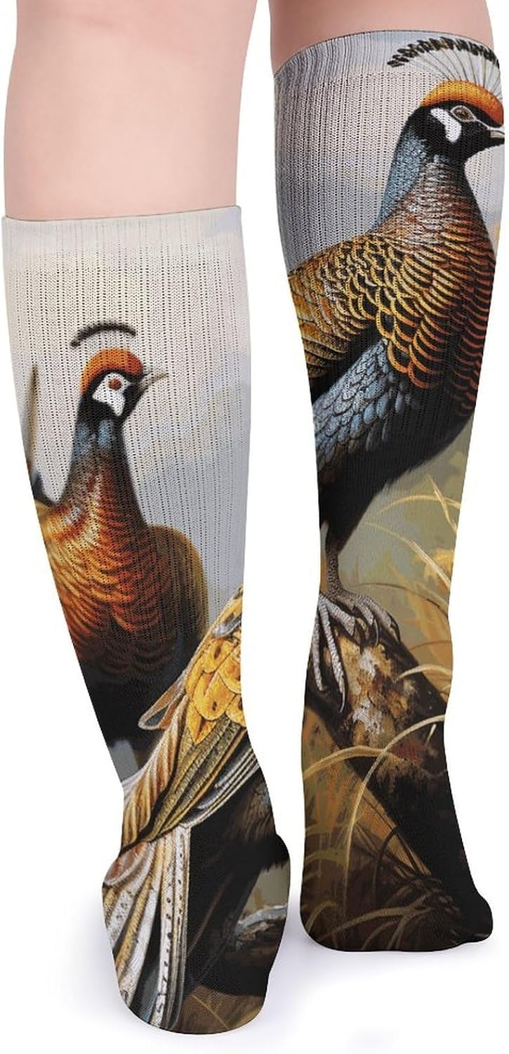 5-Pack Knee High Socks, 15.7 Inch Breathable Casual Socks Pheasants Animals Stockings for Men Women