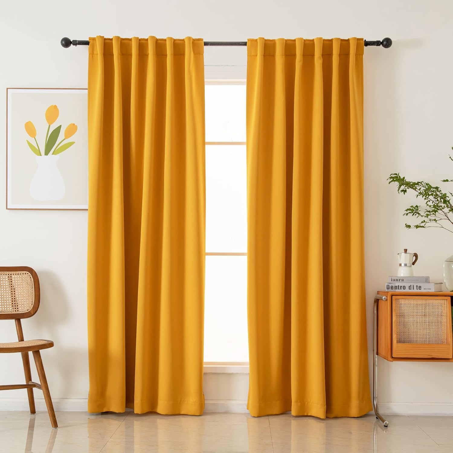 Pickluc Blackout Curtains 96 Inches Long 2 Panels, Black Out Drapes for Bedroom or Living Room, Back Tab and Rod Pocket Top, Set of Two, Mustard Yellow, 52" Wide and 96" Length.