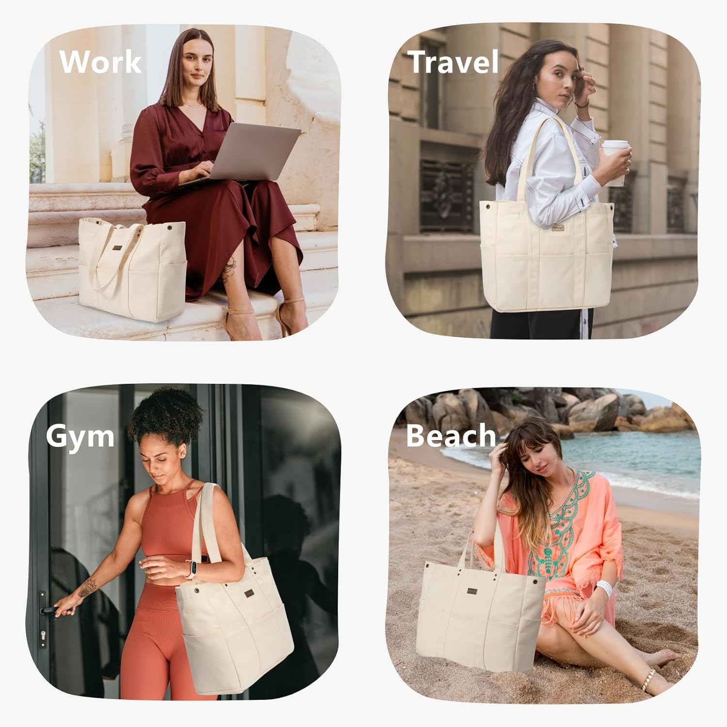TOPDesign Large Canvas Tote Bag for Women, Shoulder Bag with Laptop Sleeve & Pockets, Everything Tote for Travel, Work (White)