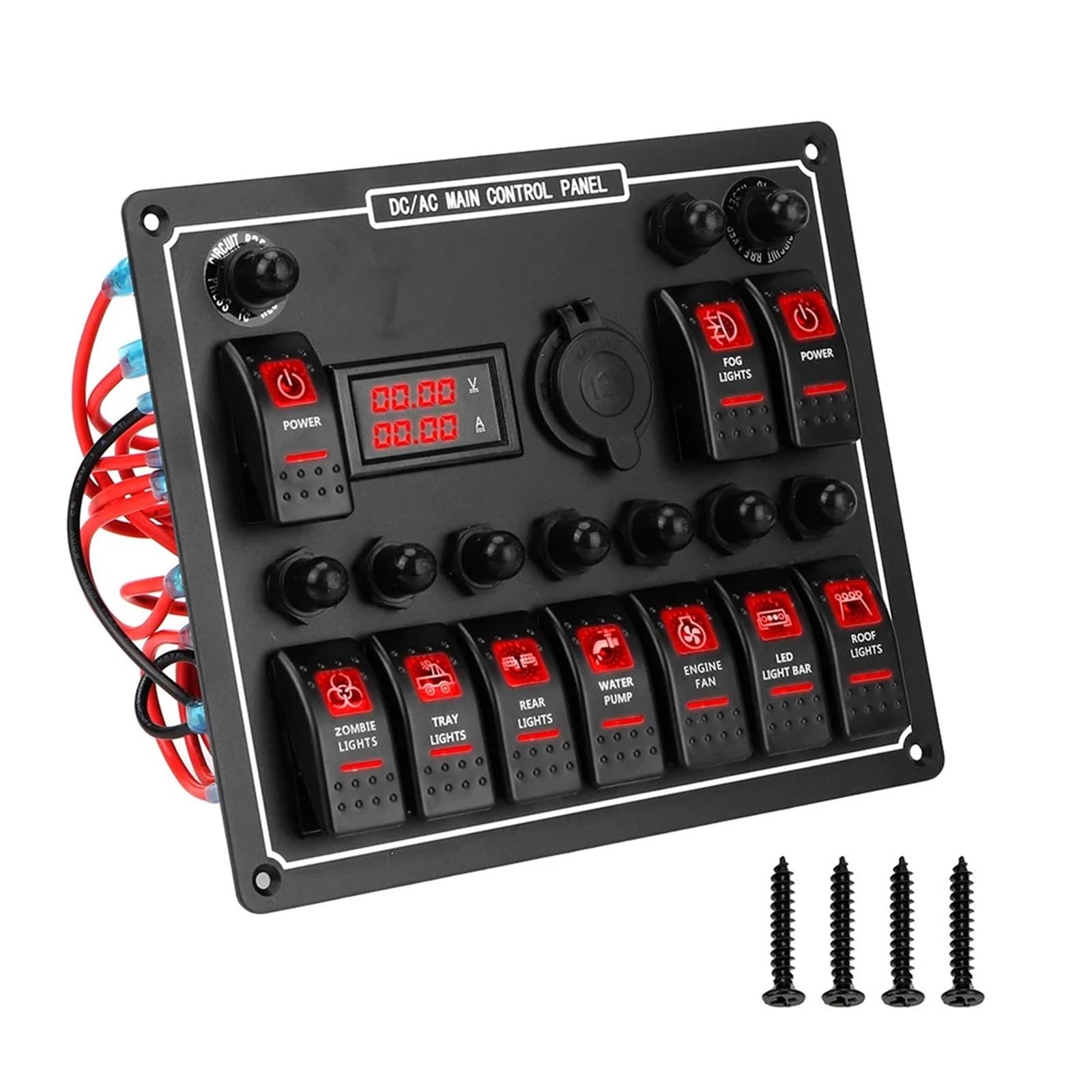 Panel de interruptores impermeable de 10 vías con control de potencia dual 15A para coche