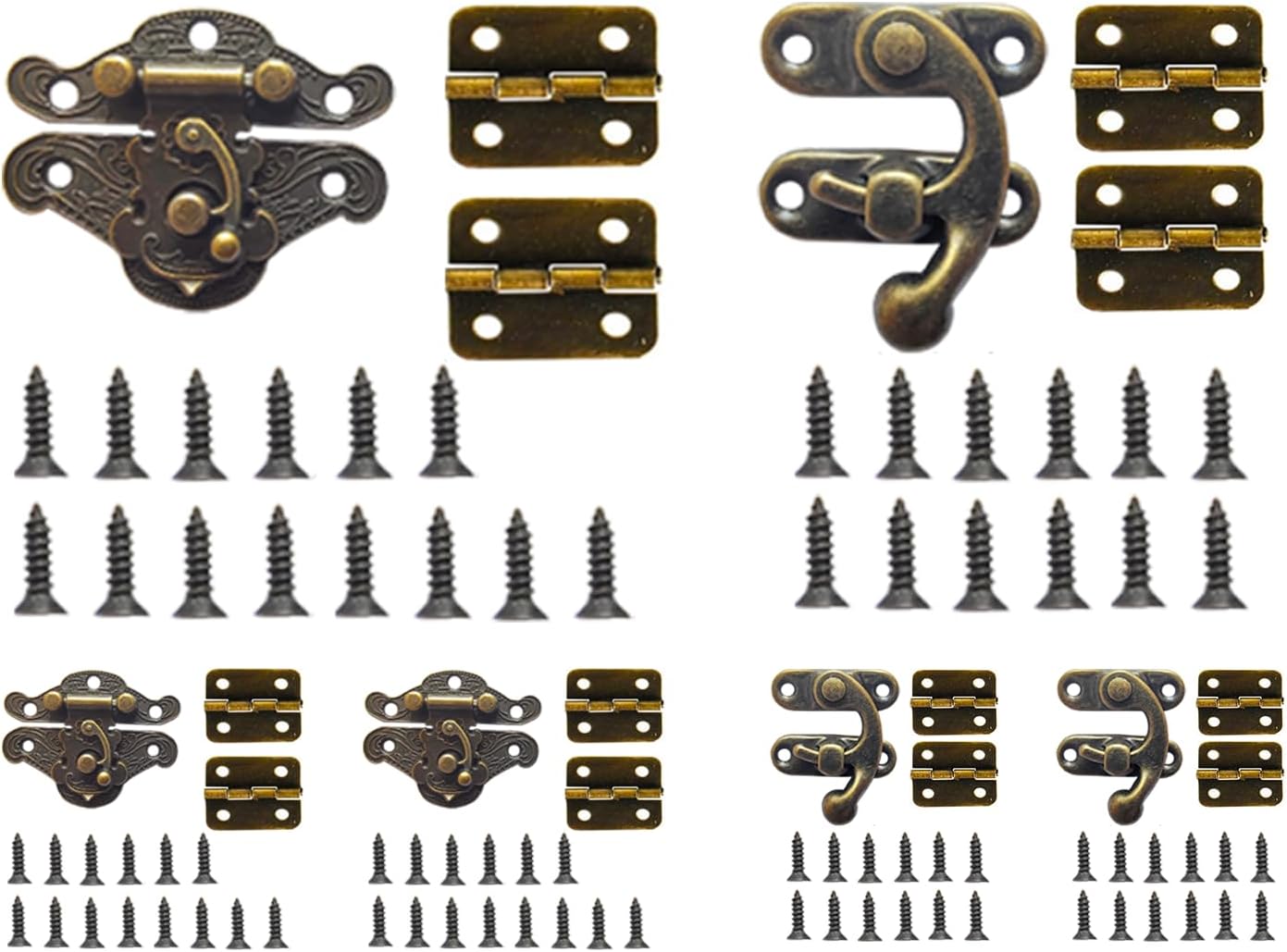 EAEDMY 18 Sets Retro Jewelry Box Hinges, Latches and Hooks for Wooden Boxes - Antique Cabinet Furniture Hardware, Small Bronze Brass Latch Hing - Bronze Tone(Catch*6 + Hinges*12) (18)