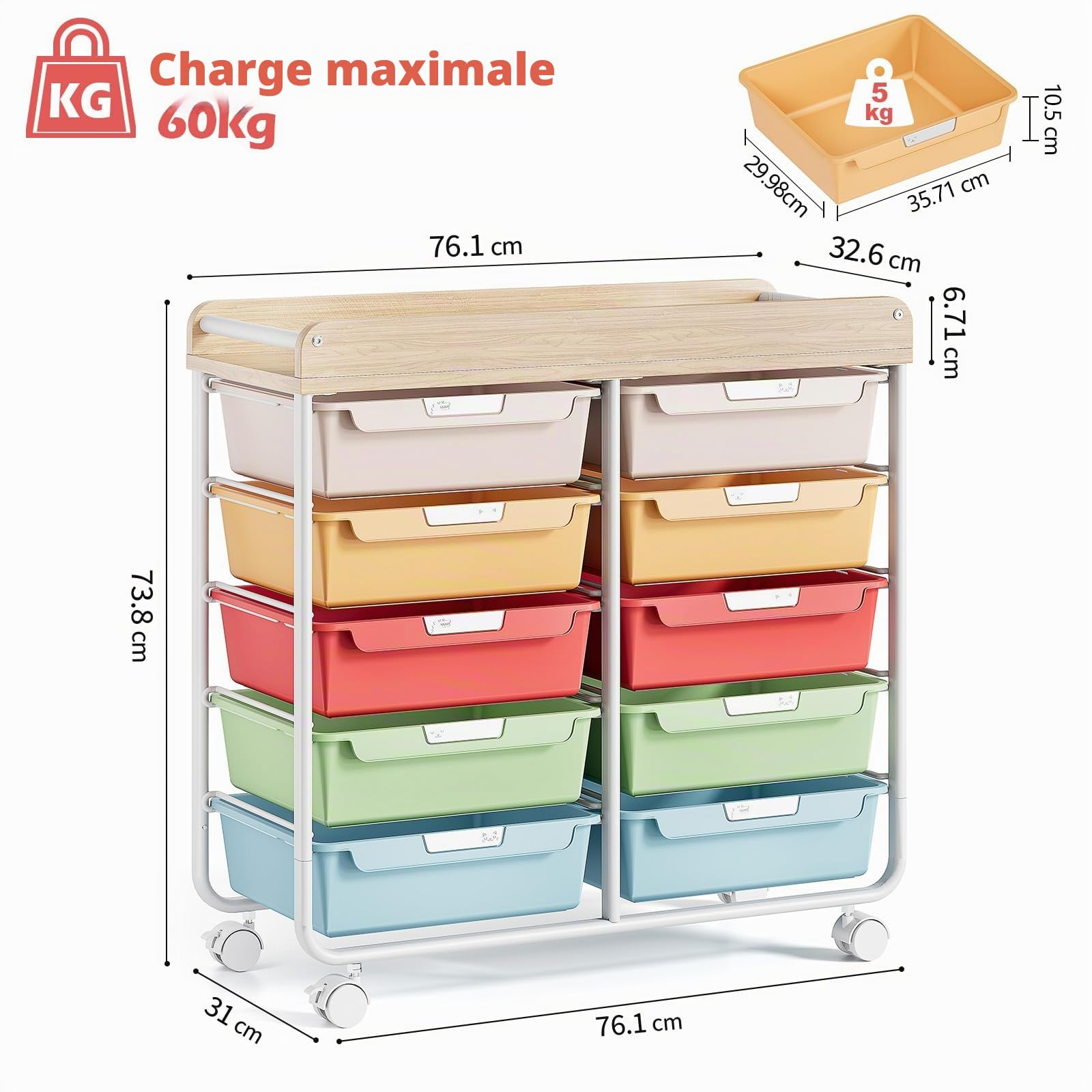 KINGRACK Chariot de Rangement à Roulettes Avec 10 Tiroirs, Chariot à Roulettes Avec Tiroirs Pour Matériel de Bricolage, Matériaux Artistiques, Bureaux à Domicile et Salles de Classe (Multicolore)