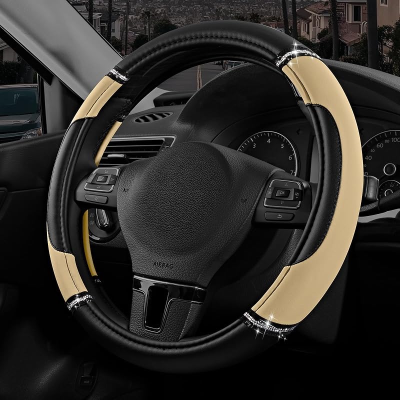 Capa para Volante em Couro PVC Road Comforts com Detalhes em Strass, Antiderrapante, Bege, 36,8–38,1 cm