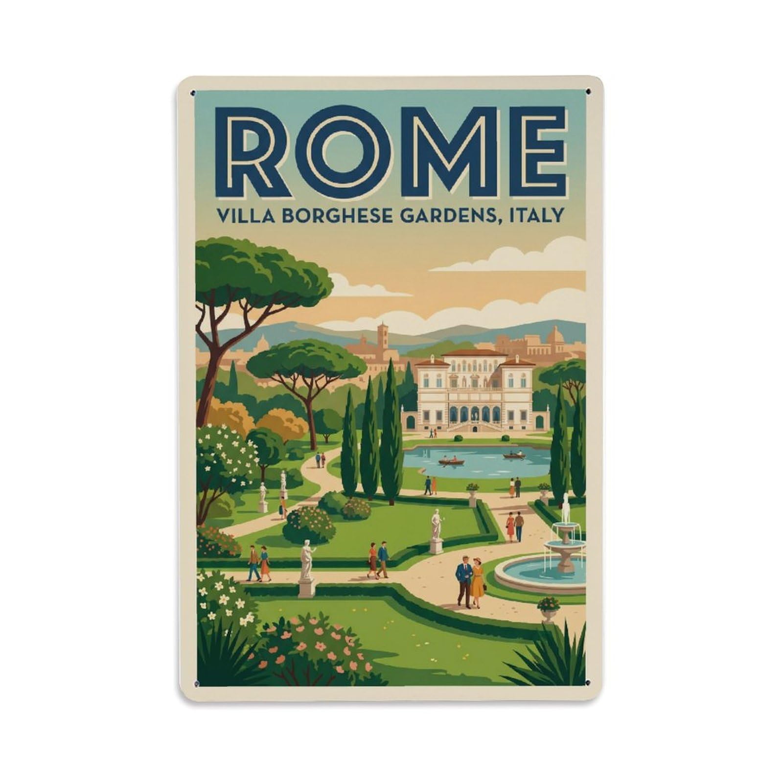 Vintage Travel Rome Villa Borghese Gardens Green Park Italy Metal Tin Sign Plaque Wall Decor for Cafe, Club Bar, Office, Home Garden Metal Poster 8x12Inch