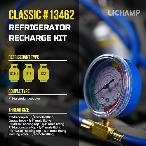 Miniatura 4 de Lichamp AC R134A - Kit de recarga de freón para refrigerador con válvula de perforación de bala, perforación y autosellado 134A