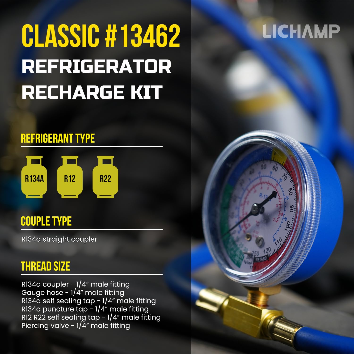 QWORK R134A Refrigerant Recharge Kit - Complete Hose Set With Gauge & Piercing Valve For AC/Refrigerator