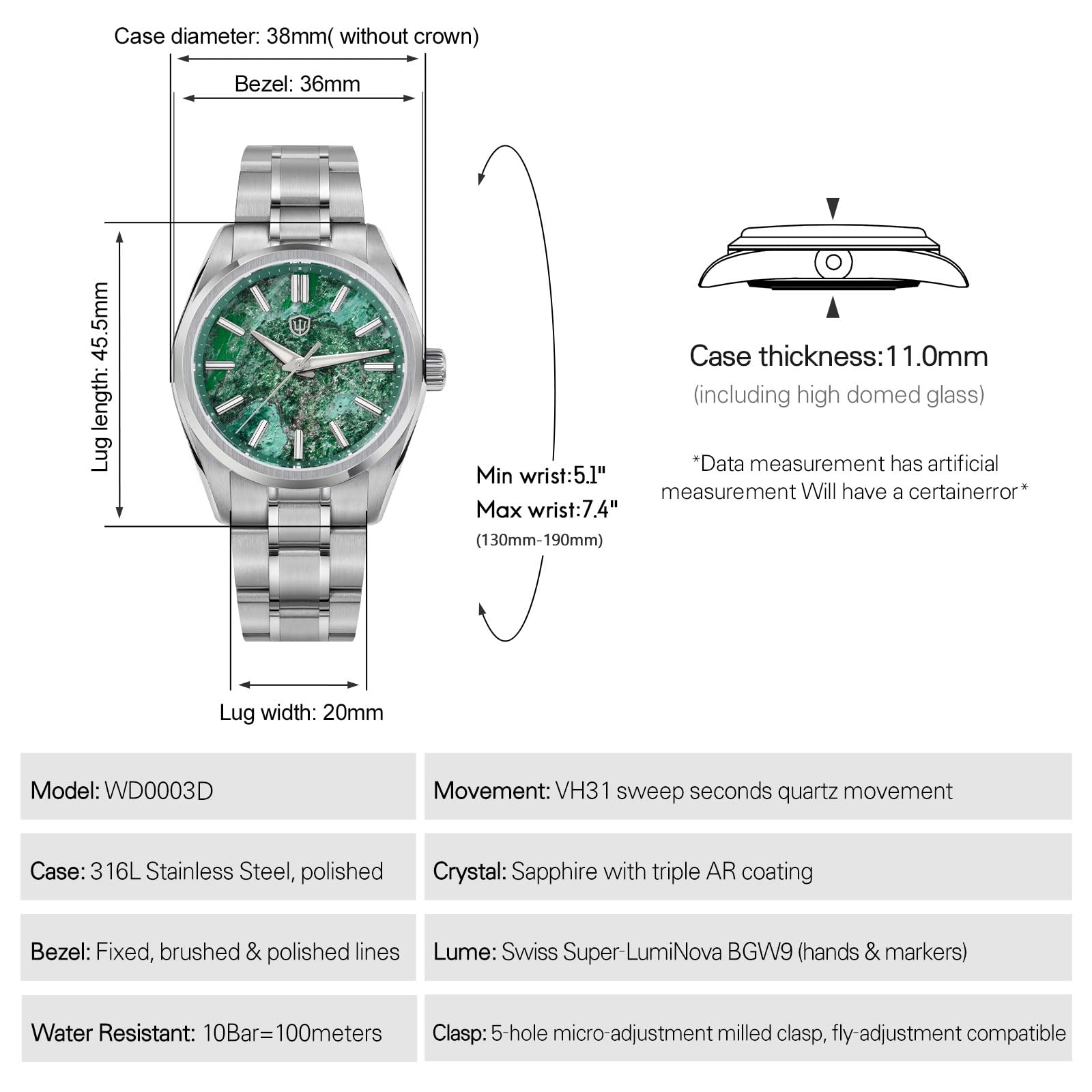 watchdives WD0003D Montre à Quartz VH31 à trotteuse Fluide pour Homme, Design Original en Pierre Naturelle, 36 mm, Verre Saphir, Montre-Bracelet au Style raffiné, étanche 100 m