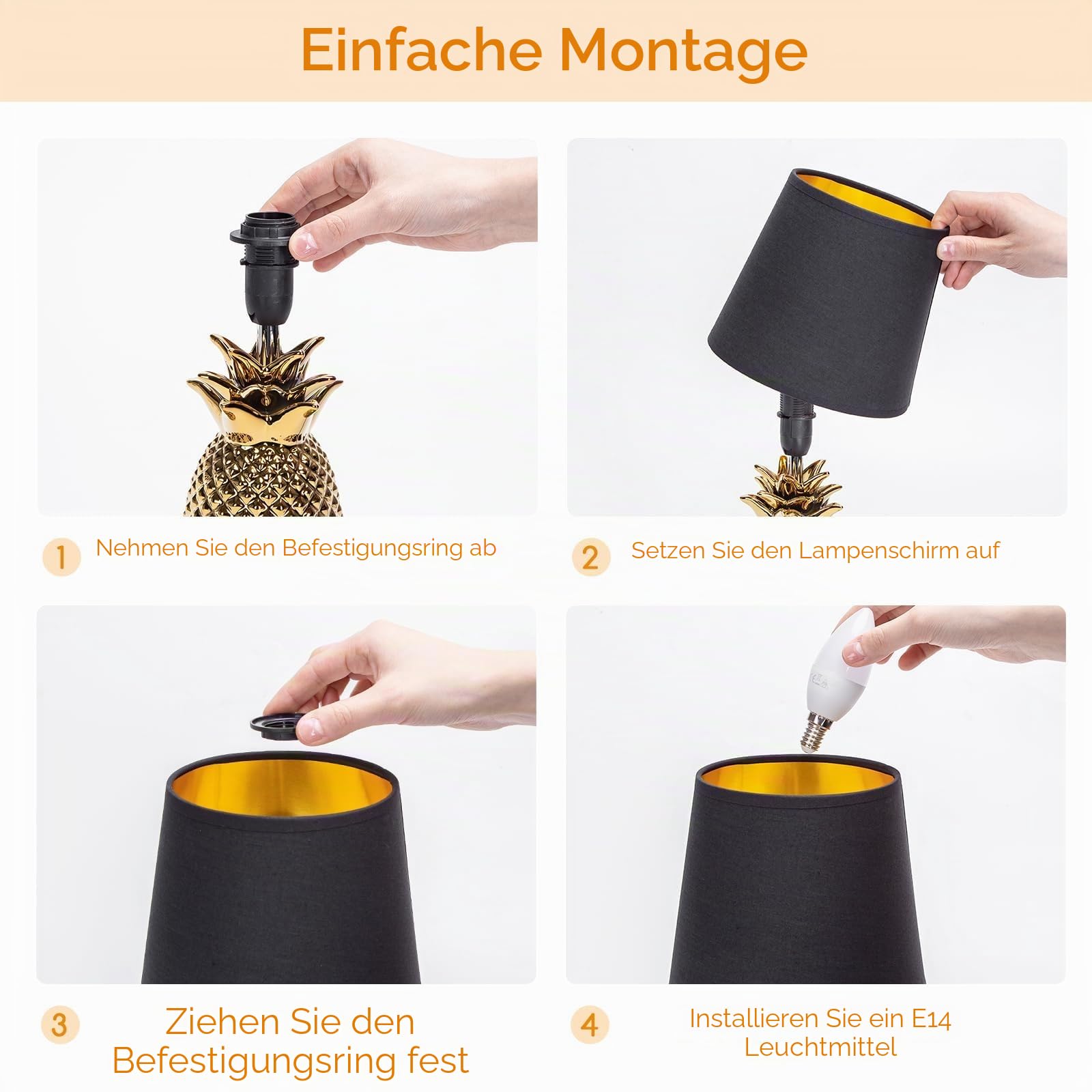 Aigostar Nachttischlampe, Tischlampe Keramik Tischleuchte Lampe für Nachttisch Beistelltisch Dekolampe Nachttischlampe Stoffschirm Gold Modern E14 H36cm