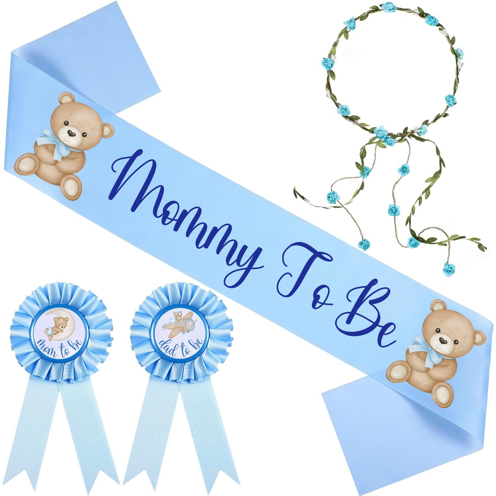Bear Theme Mom to Be Sash for Baby Shower Decorations Dad to Be Pin and Flower Crown Headband Cute Satin Baby Shower Sash for Gender Reveals Party