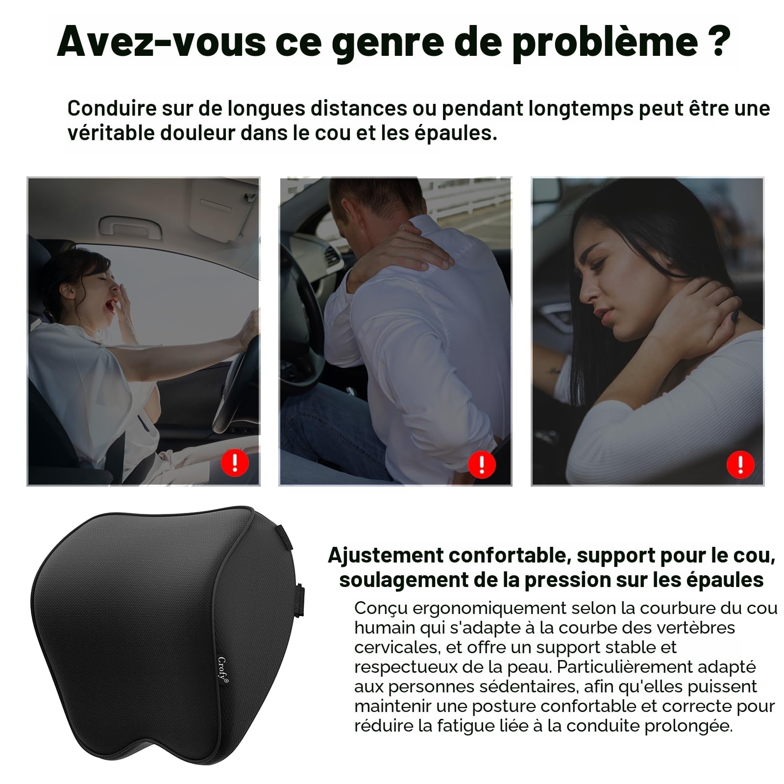 Crofy Lot de 2 Oreillers de Cou pour Voiture, Appuie-tête Doux pour la Conduite avec Sangle Réglable, 100% Mousse à Mémoire de Forme et Housse Respirante Amovible, Design Ergonomique Confortable, Noir