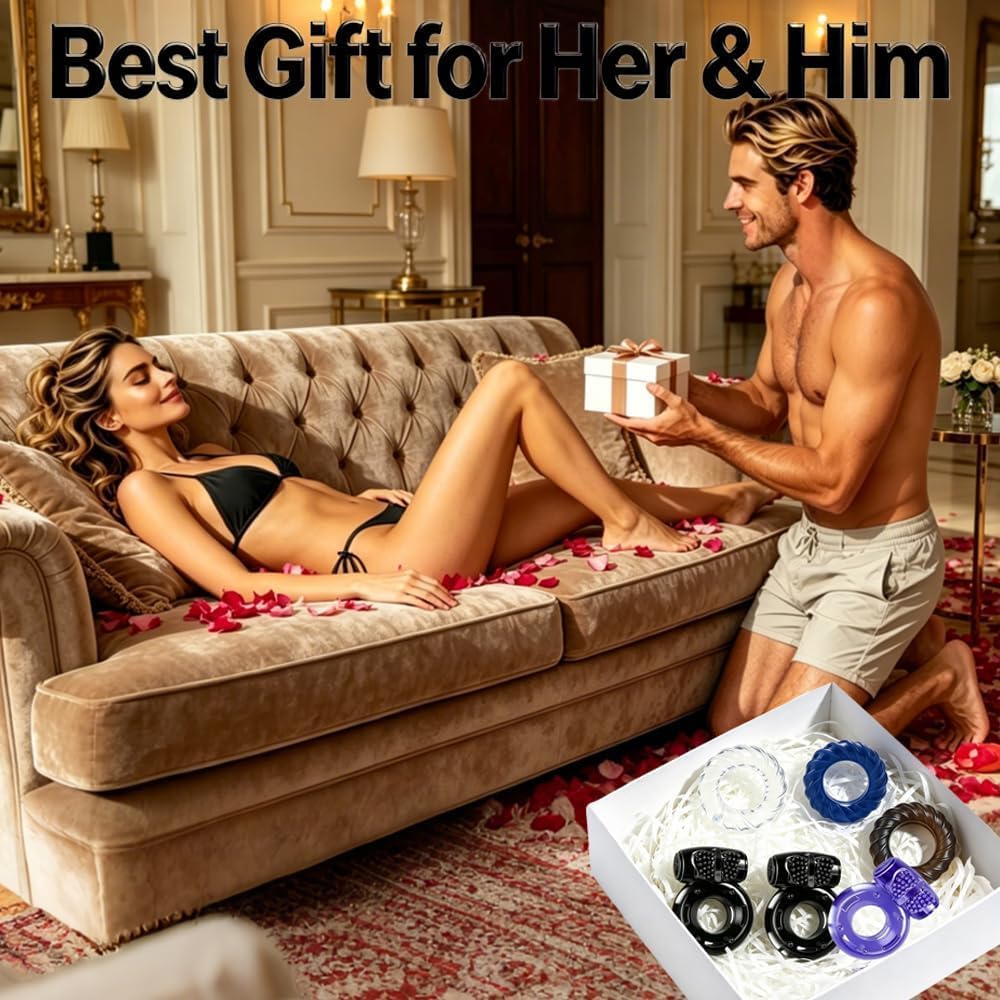 6 Pcs Vibrating Cock Ring Set Waterproof Penis Ring Sleeve Silicone Clitoral Vibrator Stimulator Erection Enhancing Long Lasting Adult Toy for Men and Couples Intimate Pleasure (Black&Blue)