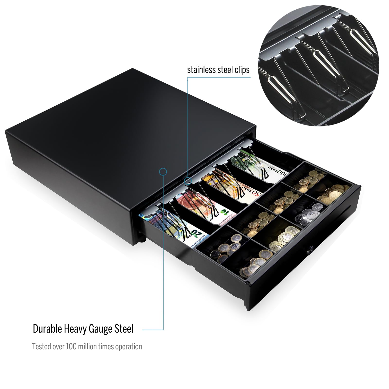 HONEY BEAR Cajón registrador para impresora térmica de recibos de sistema POS, con interfaz RJ11 de 12 V, bandeja para 4 billetes y 8 monedas, color negro