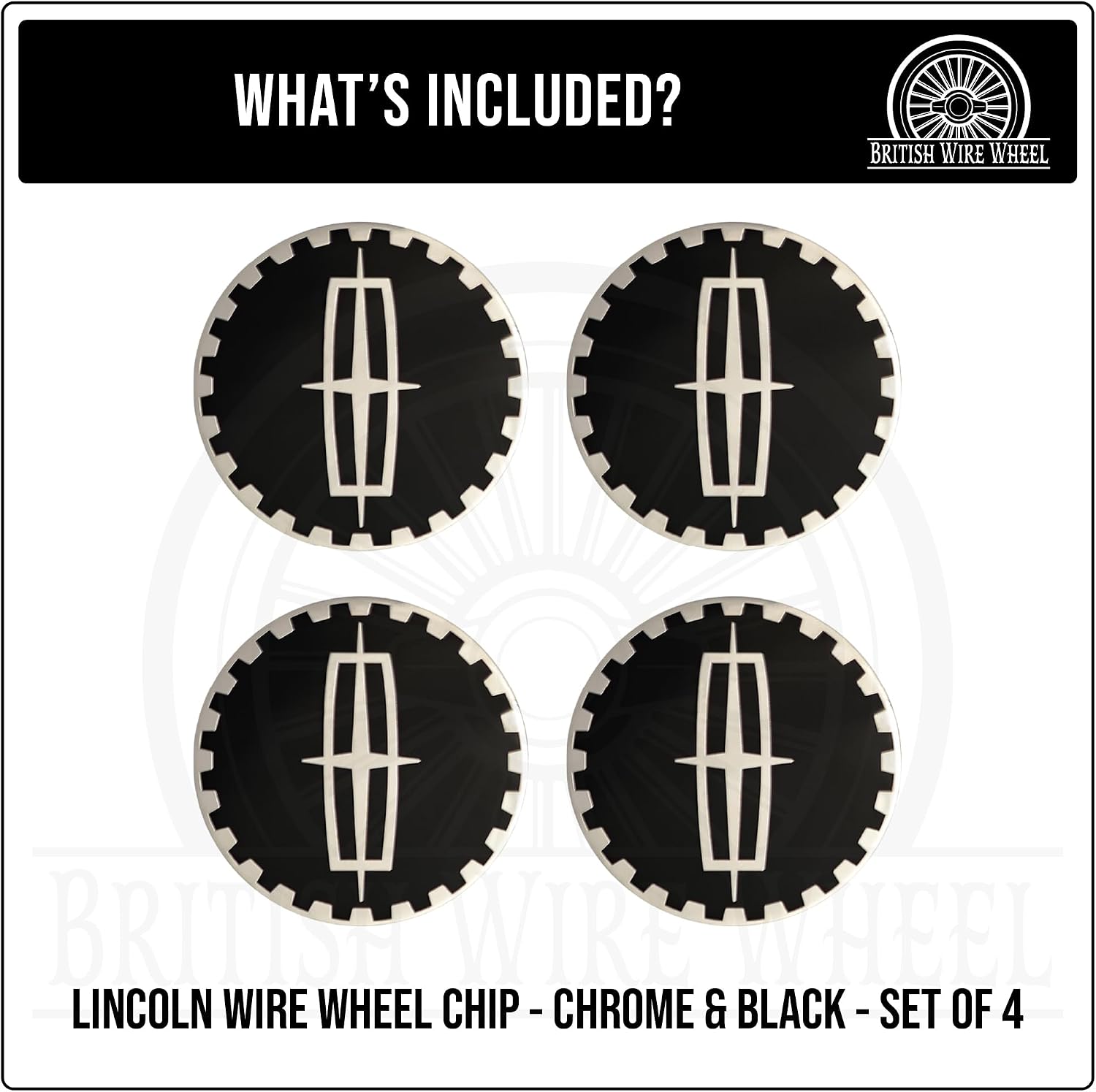 LINC Chrome & Black Metal Wheel Chip Emblems (Set of 4) | Triple Chrome Plated Solid Metal Wheel Chip Emblems, 2.25" | for Lowriders with Recessed Knock Off Spinner Caps