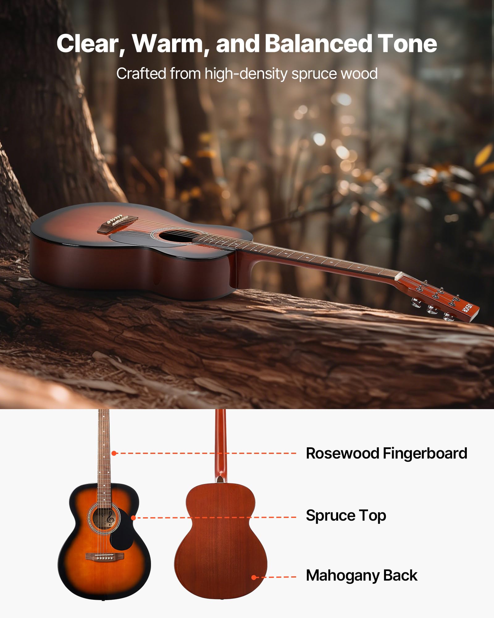 VEVOR Chitarra Acustica Dreadnought da 1016 mm Chitarra Acustica a 6 Corde con Tavola Armonica Solida Sunburst, Custodia Morbida, Accordatore, Tracolla, Corde in Acciaio, Plettri, Capotasto Mobile