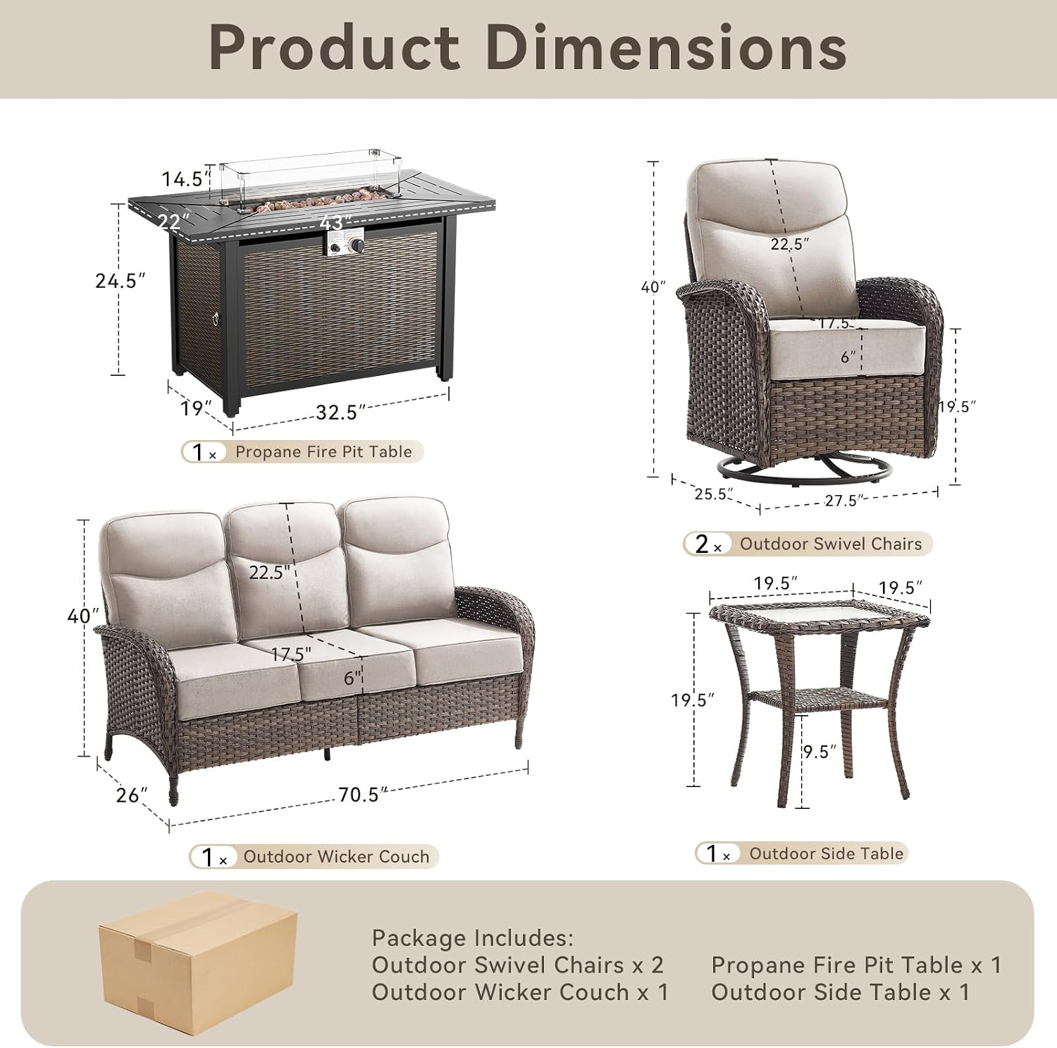 Luxury Patio Furniture Set with 42.5" Fire Pit Table, 6-Inch Thick Cushions Wicker Outdoor Furniture with High Back Swivel Patio Chairs Set of 2, Patio Conversation Set for Deck Garden Porch, Beige