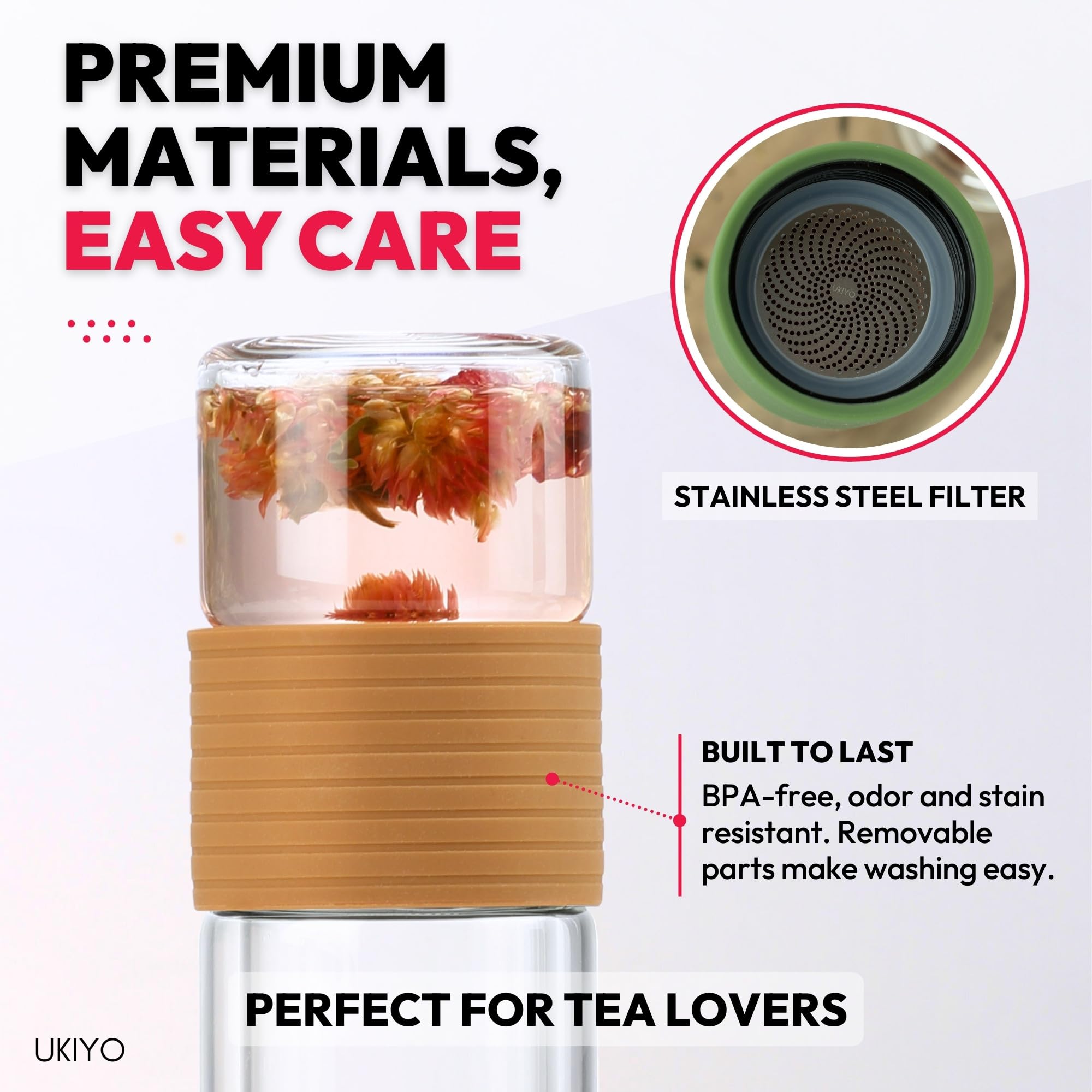 Ukiyo Sense Botella infusora de té y frutas de vidrio de doble pared, vaso de viaje con filtro de acero inoxidable y funda de neopreno