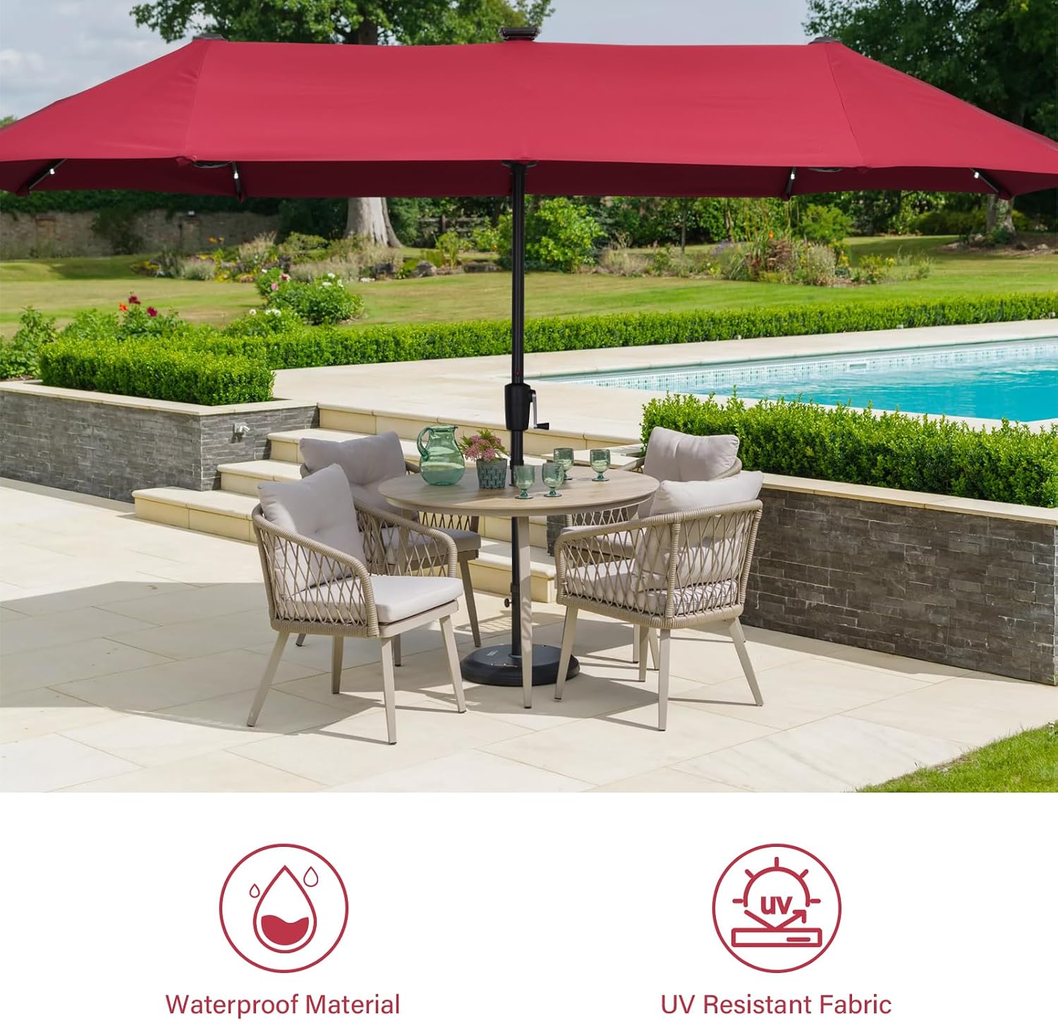 13ft/15ft Large Patio Umbrella with Base Included, Double-Sided Rectangle Outdoor Market Umbrella with Stand, Shade Umbrella for Garden Deck Backyard Poolside Lawn