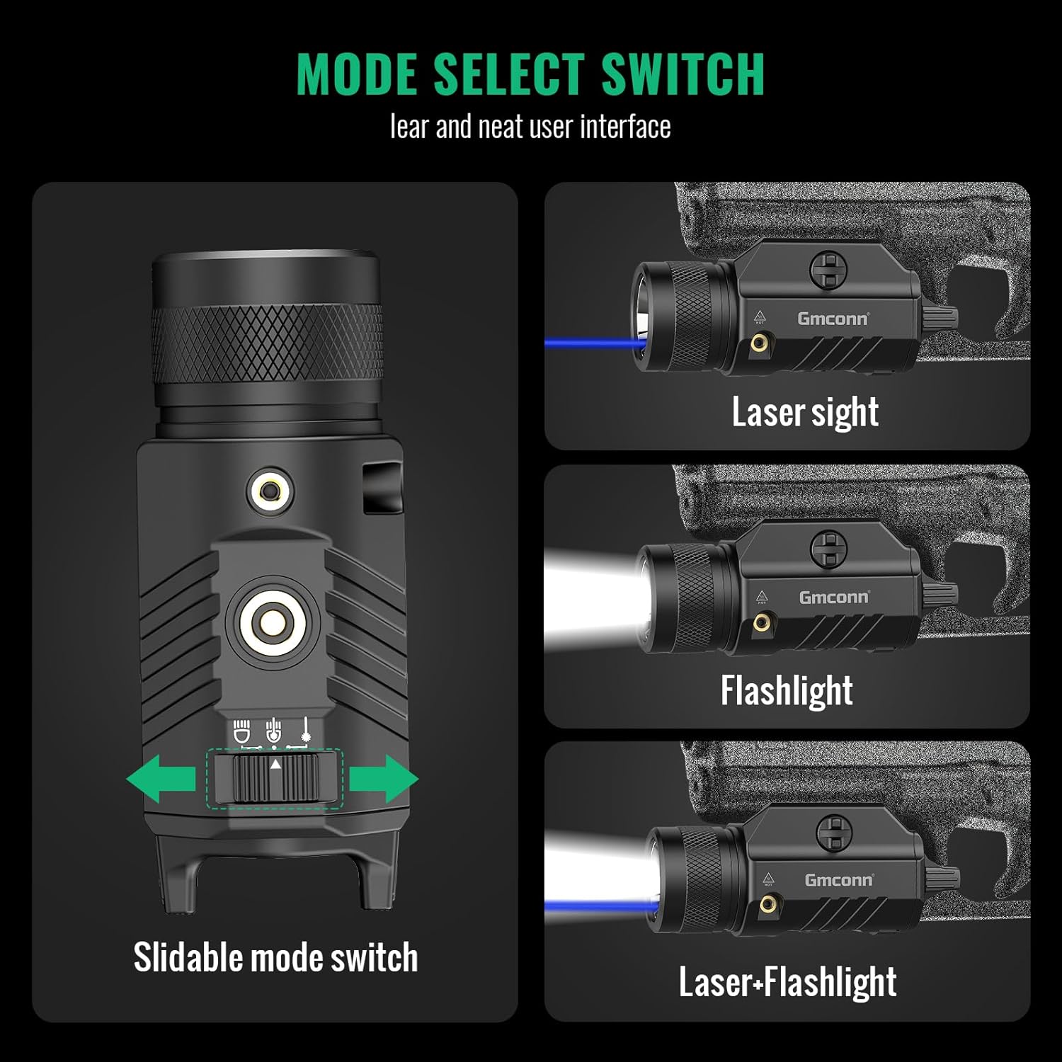 Gmconn 1250 Lumen Tactical Flashlight Green Blue Red Laser Light Combo, Rechargeable Pistol Light with Strobe/Momentary Compatible with Picatinny