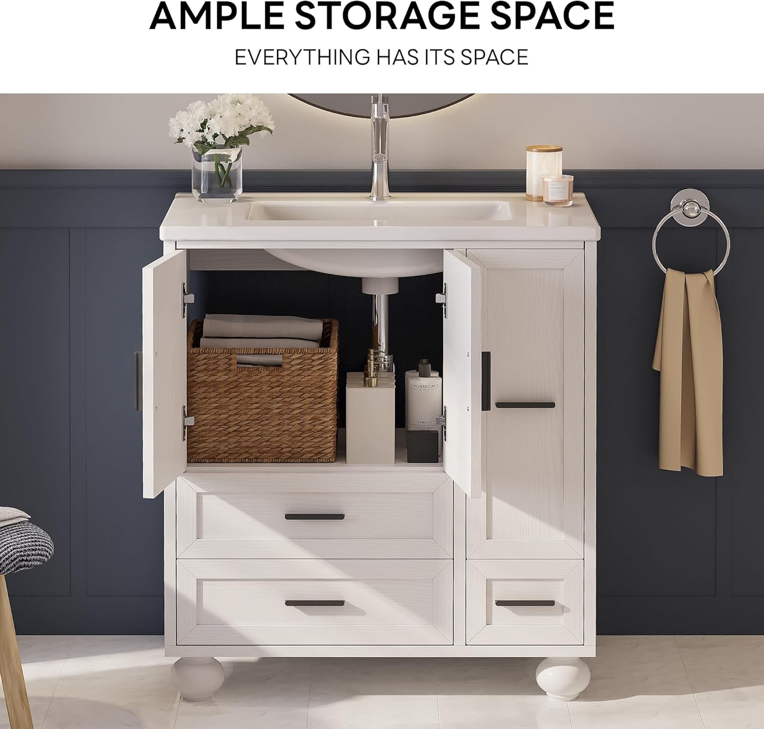 LIKIMIO 29.5" Bathroom Vanity with Sink, Hair Tool Drawer, 4 Solid Legs, 4 Drawers 2 Doors, Modern Freestanding Wooden Bathroom Cabinet with Undermount Upgraded SMC Sink, Quick Assembly, White