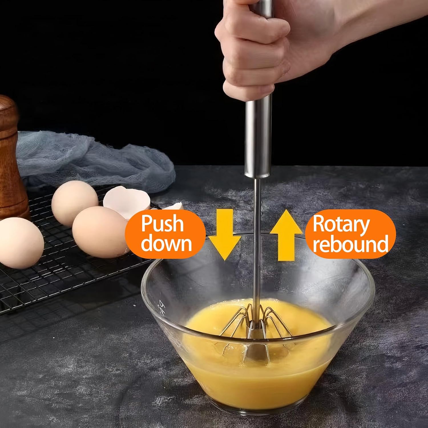 3 Pack Stainless Steel Egg Whisk, Hand Push Rotary Whisk Blender, Versatile Easy Whisk, Hand Push Mixer Stirrer for Beating Eggs, Frothing Milk, Blending, Mixing, Whipping Smoothies & Shakes