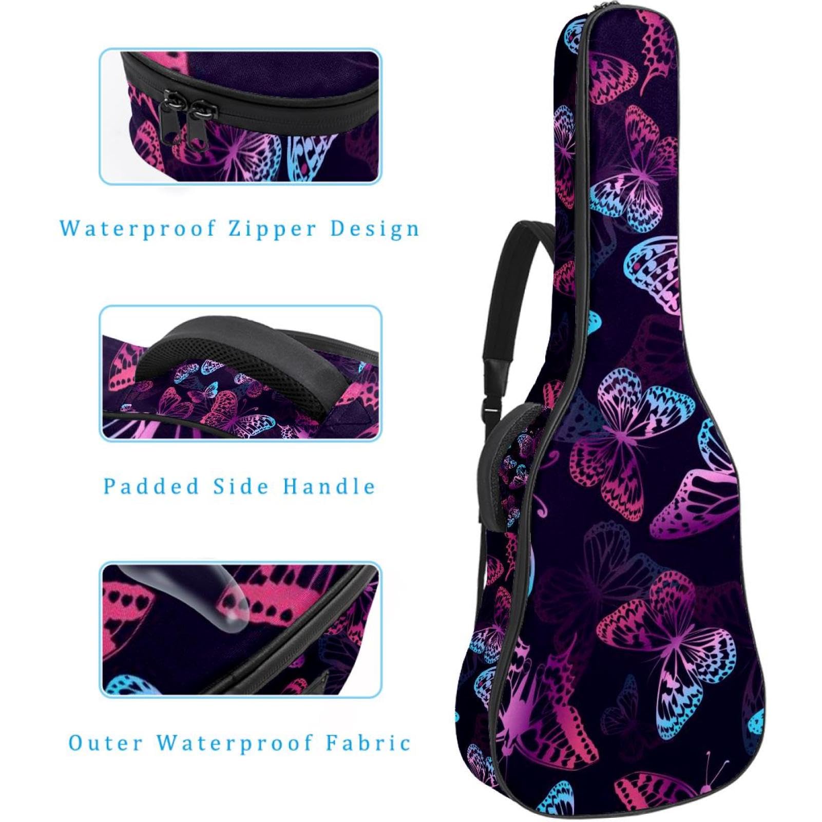 Torba na gitarę akustyczną wodoodporny plecak na gitarę grubo miękki wyściełany motyl klasyczna obudowa na gitarę, wielobarwny, 42.9x16.9x4.7 in, Organizer do torby