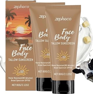 Beef Tallow Sunscreen SPF 50, Non-Nano Zinc Oxide Mineral Sunscreen, Non Greasy Sunblock for Face & Body, 2.12oz (2pcs)