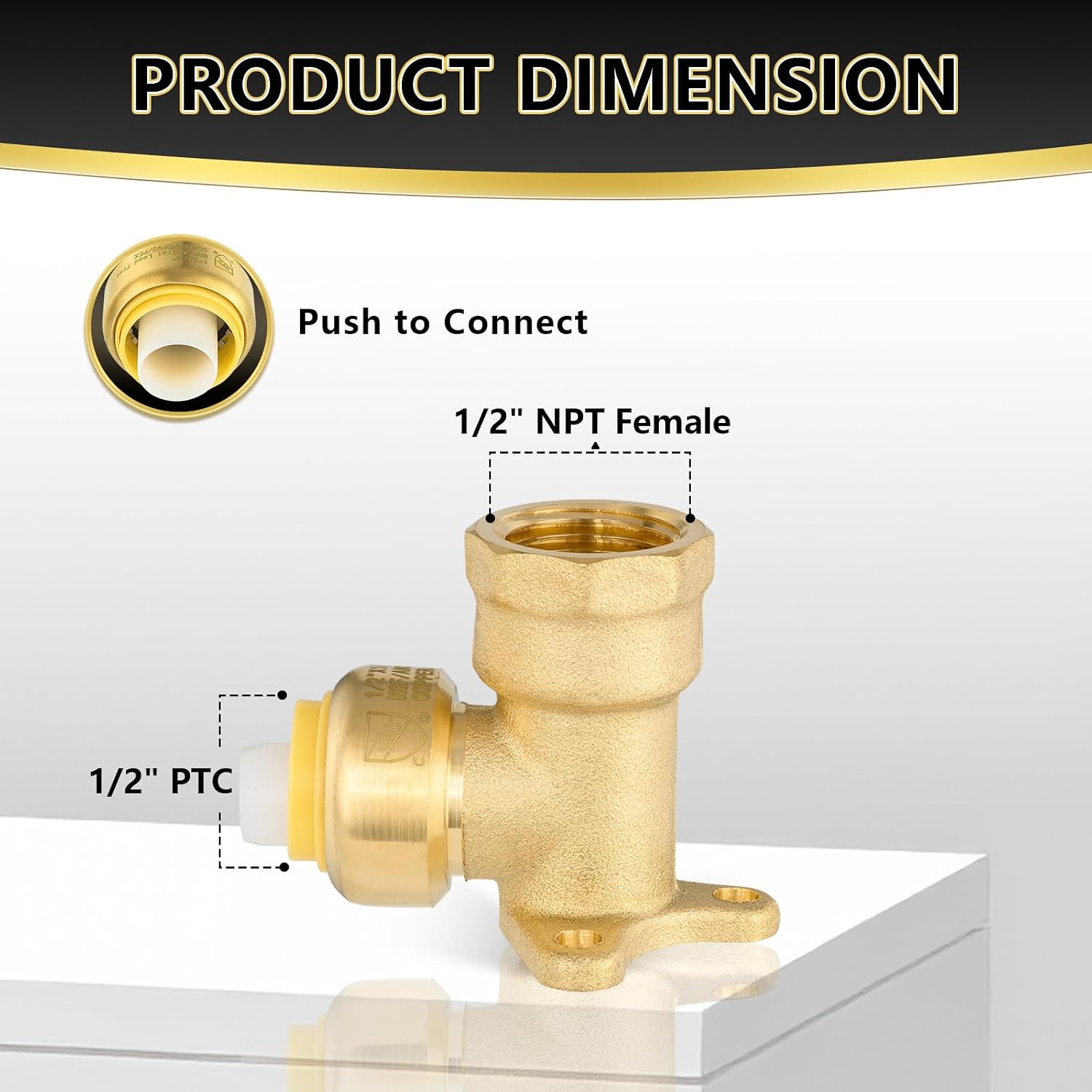 （5 Pack）Foskan Push Fit Brass Fittings, 1/2"PTC x 1/2"Female Thread Drop Ear Elbow With Disconnect Clip, Push to Connect PEX, Copper, CPVC Pipes (PTC x FNPT)