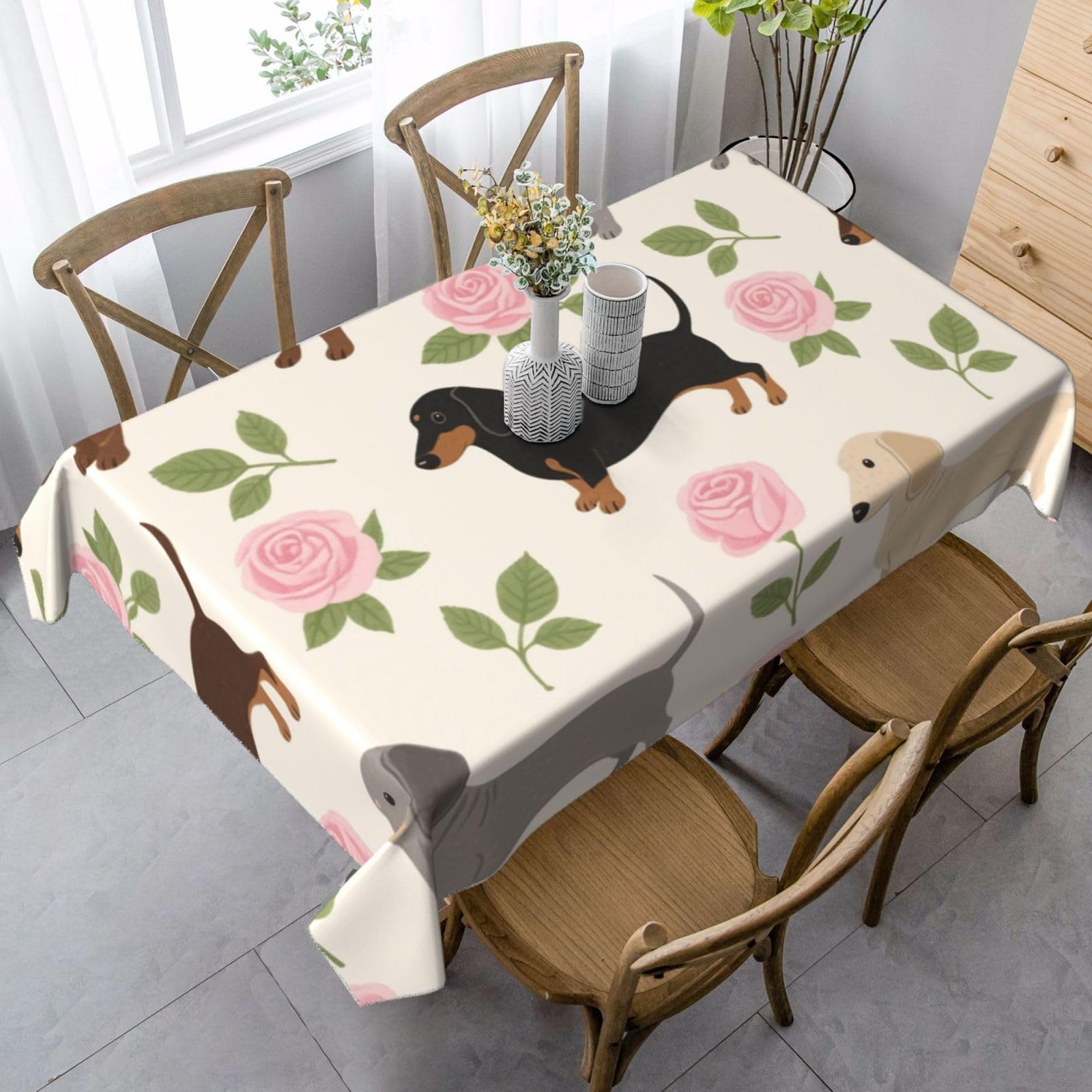 Dachshund Floral Rectangle Tablecloth 35x55 Inch, Washable Reusable Farmhouse Table Cloths Wrinkle Free And Spillproof Kitchen Dinning Table Cover For Party Wedding Picnic Home Decor Tablecloths