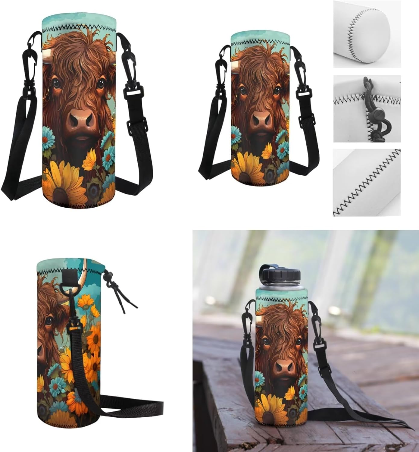AmzPrint 4 In 1 Highland Cow Backpack Set Sunflower Bookbag And Lunch Box Pencil Bag Water Bottler Carrier Set For Girls Boys
