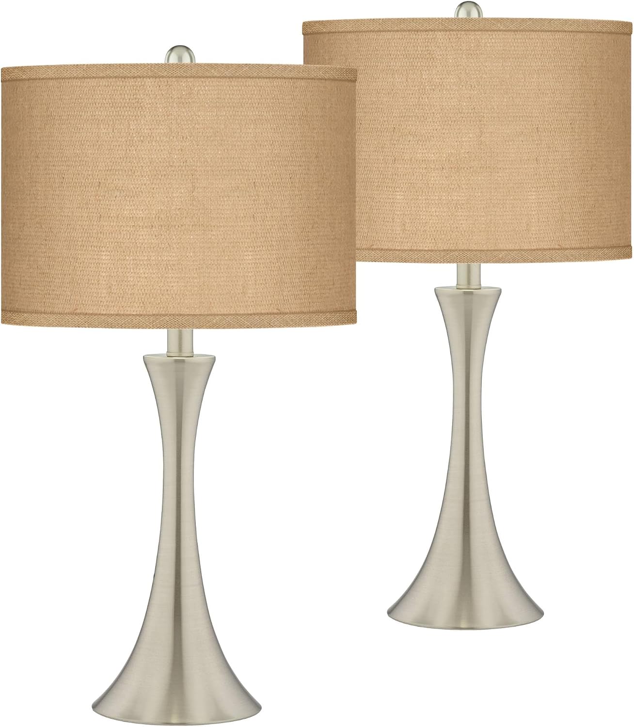 Possini Euro Design Modern Table Lamps 24" Tall Set of 2 Brushed Nickel Silver Metal LED Touch On Off Burlap Brown Drum Shade for Bedroom Living Room House Home Bedside Nightstand Office Family