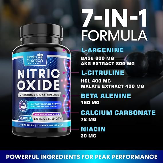Extra Strength Nitric Oxide Booster - 3X Strength L-Arginine, Citrulline, Beta Alanine - Premium Nitric Booster Natural Energy, Muscle & Heart Support, Bottled in USA for Men & Women - 120 Capsules