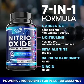 Extra Strength Nitric Oxide Booster - 3X Strength L-Arginine, Citrulline, Beta Alanine - Premium Nitric Booster Natural Energy, Muscle & Heart Support, Bottled in USA for Men & Women - 120 Capsules