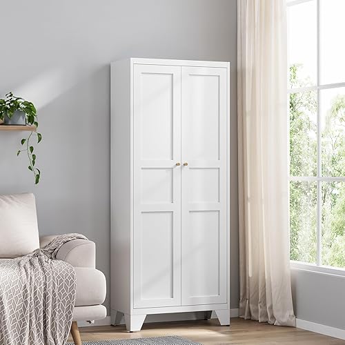 Miniatura 18 de Yizosh Armario de almacenamiento de metal con 2 puertas y 4 estantes ajustables, 61 pulgadas, color blanco, despensa de cocina, 5 niveles de alto