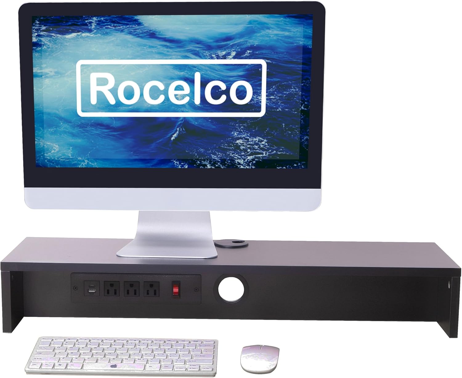Rocelco 30" Dual Monitor Stand with AC Outlets and USB Power/Charging Strip - Wood Laptop TV PC Riser Shelf with Keyboard Mouse Storage and Cable Management - Black (R DMSV)