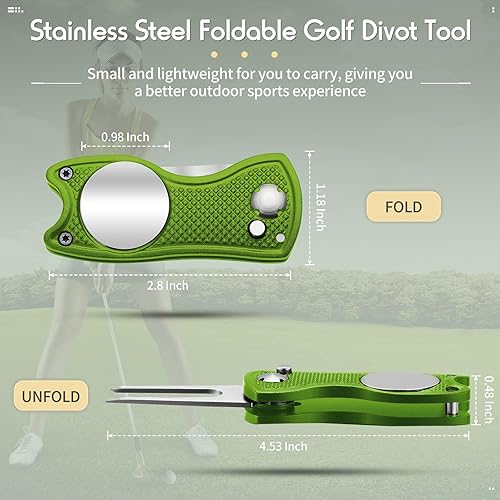 Miniatura 38 de Skylety 4 piezas de golf Divot herramienta de reparación con botón magnético marcador de bola Divot herramienta de acero inoxidable plegable Rojo